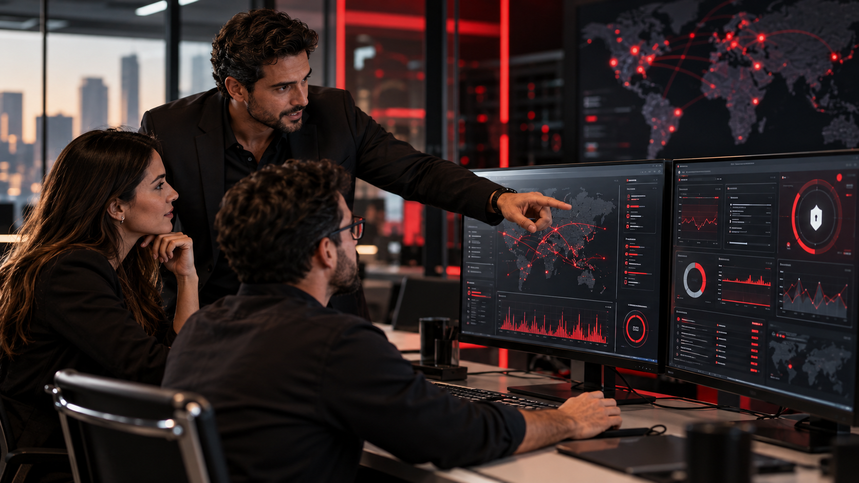 Empreendedor e equipe gerenciando uma plataforma de cibersegurança em monitores
